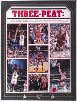 Chicago Bulls Team Signed 1993 Three-Peat Poster With 6 Signatures Including Michael Jordan In 30x40 Framed Display (PSA/DNA)